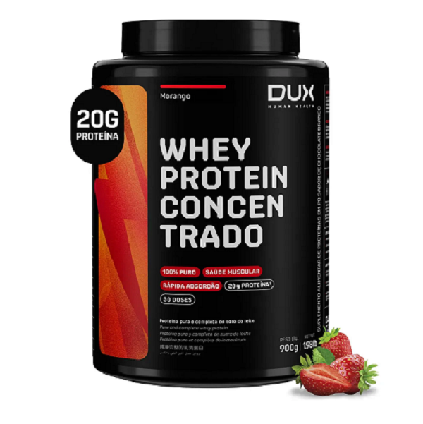Whey Protein Concentrado DUX 900g Morango Proteína Pura Suplemento Muscular