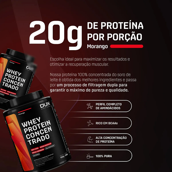 Whey Protein Concentrado DUX 900g Morango Proteína Pura Suplemento Muscular - imagem 4
