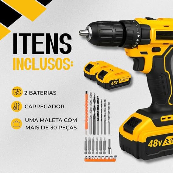 Parafusadeira Furadeira de Impacto Sem Fio 48V Com 2 Baterias Bivolt 32 Acessórios Maleta Completa Para Uso Profissional - imagem 3