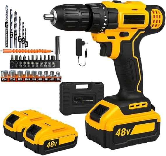 Parafusadeira Furadeira de Impacto Sem Fio 48V Com 2 Baterias Bivolt 32 Acessórios Maleta Completa Para Uso Profissional