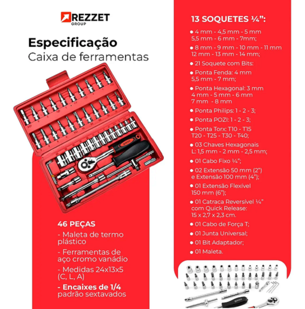 Kit Ferramentas 46 Peças Com Soquetes e Chaves Para Carro e Casa - imagem 4