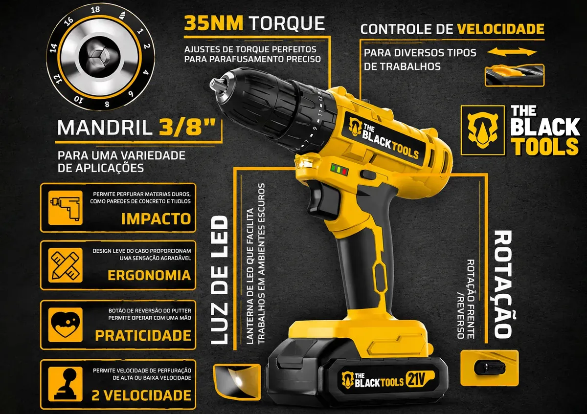 Parafusadeira Furadeira De Impacto The Black Tools Profissional Bateria 21V C/ Maleta + Kit Acessórios 145 Peças TBKIT23 - imagem 2