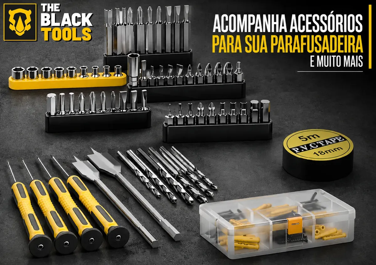 Parafusadeira Furadeira De Impacto The Black Tools Profissional Bateria 21V C/ Maleta + Kit Acessórios 145 Peças TBKIT23 - imagem 4