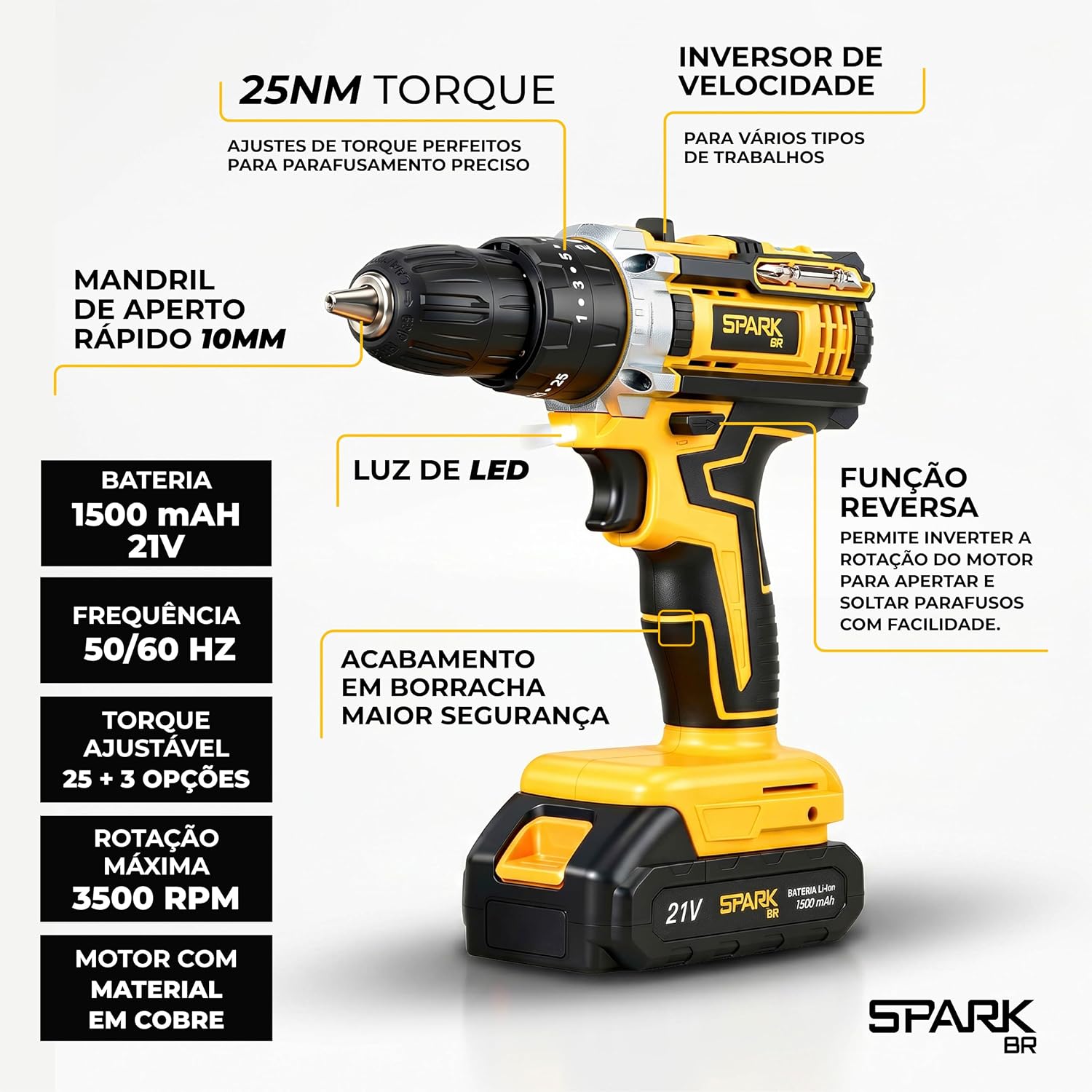 Parafusadeira Furadeira Impacti 21V SparkBR com 26 Acessórios + 2 Baterias Recarregável, Maleta de Transporte, Kit Completo LED, Eixo Flexível 2 Níveis - imagem 2