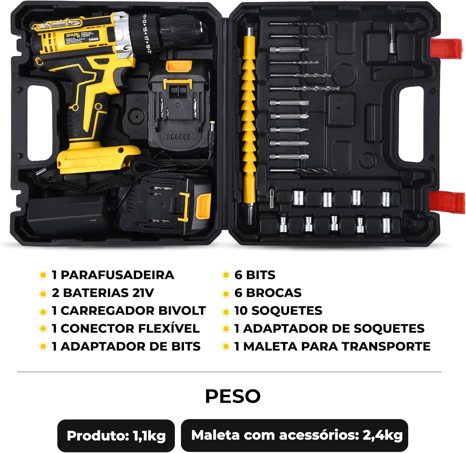 Parafusadeira Furadeira Impacti 21V SparkBR com 26 Acessórios + 2 Baterias Recarregável, Maleta de Transporte, Kit Completo LED, Eixo Flexível 2 Níveis - imagem 5