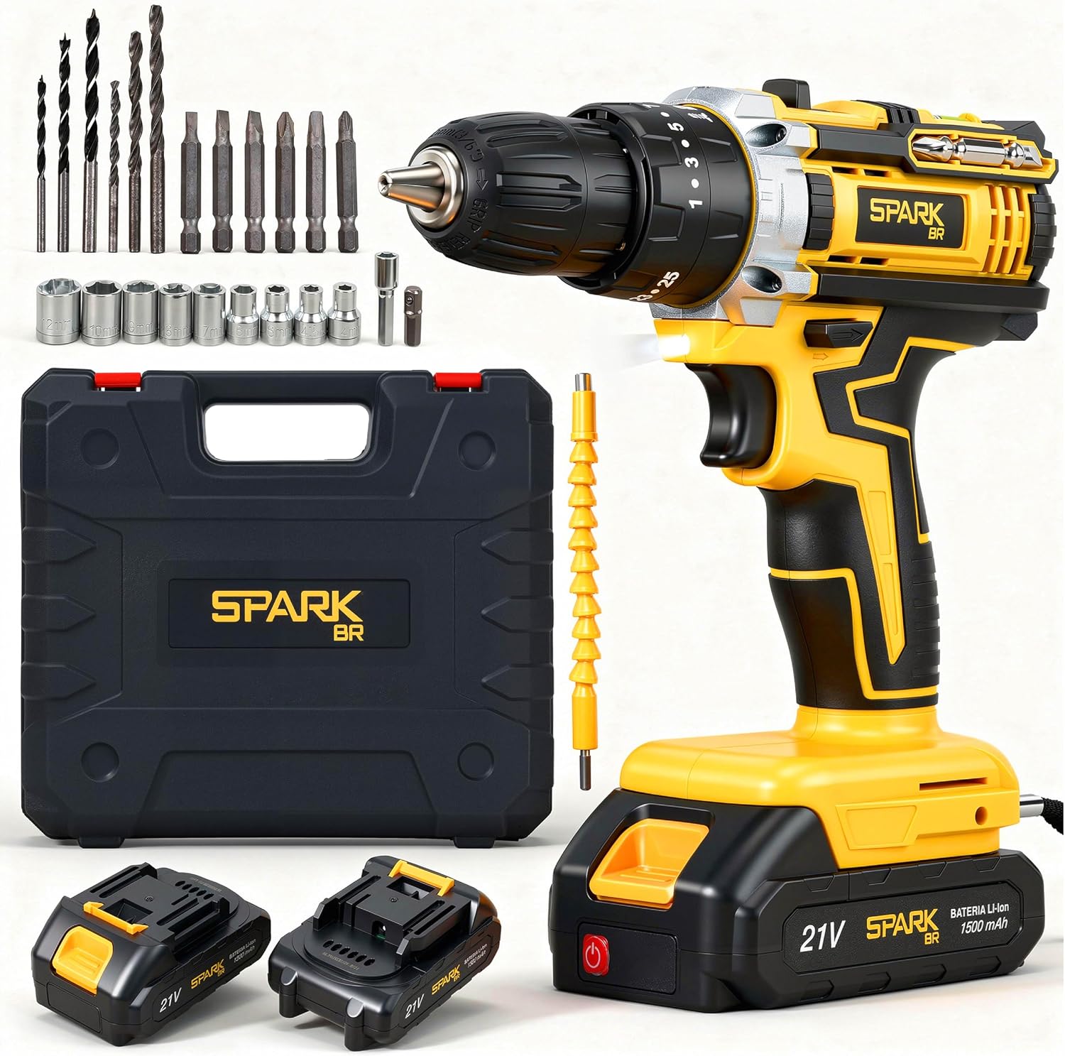 Parafusadeira Furadeira Impacti 21V SparkBR com 26 Acessórios + 2 Baterias Recarregável, Maleta de Transporte, Kit Completo LED, Eixo Flexível 2 Níveis