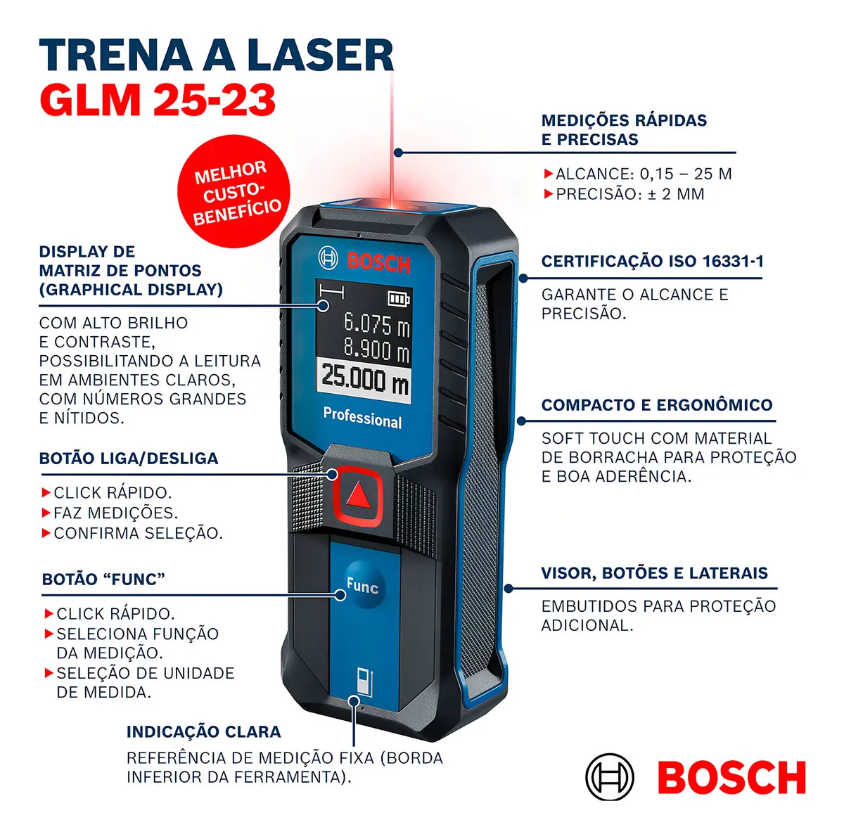 Trena A Laser Profissional Digital Medidor De Distancia Trena Laser Com Bolsa Alcance De 25m Glm 2523 Bosch - imagem 2