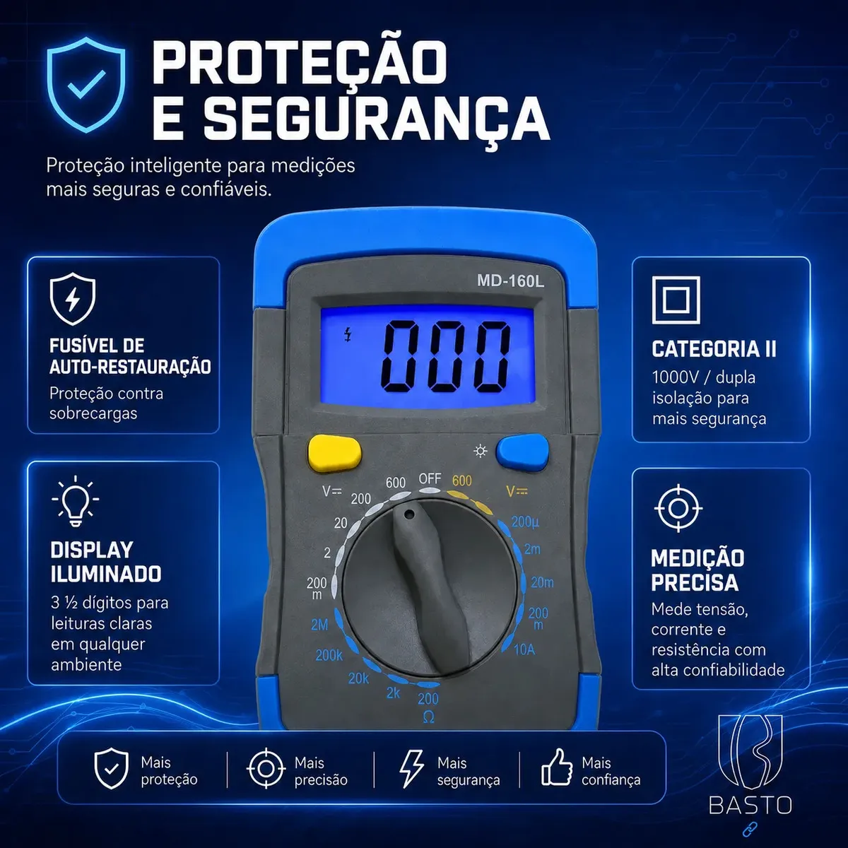 Multímetro Digital Com Iluminação Bip Profissional Portátil Md-180l B Basto Com Bateria - imagem 3