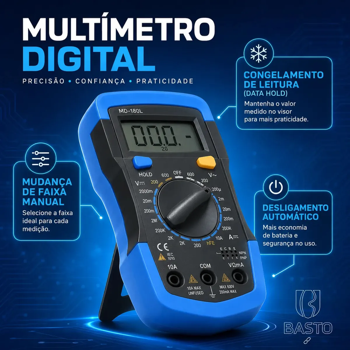 Multímetro Digital Com Iluminação Bip Profissional Portátil Md-180l B Basto Com Bateria - imagem 4