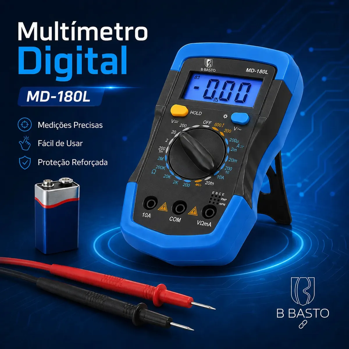 Multímetro Digital Com Iluminação Bip Profissional Portátil Md-180l B Basto Com Bateria - imagem 6