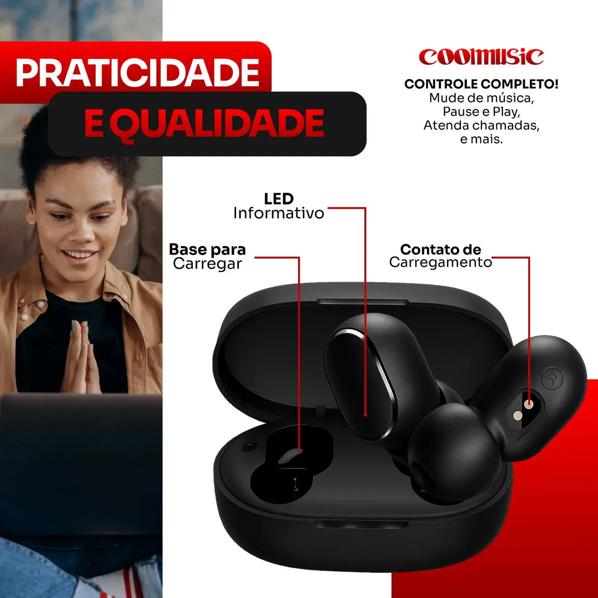 Fone De Ouvido Bluetooth 5.1 Sem Fio Tws Wireless Bateria Longa Duração E Conexão Rápida Coolmusic - imagem 4
