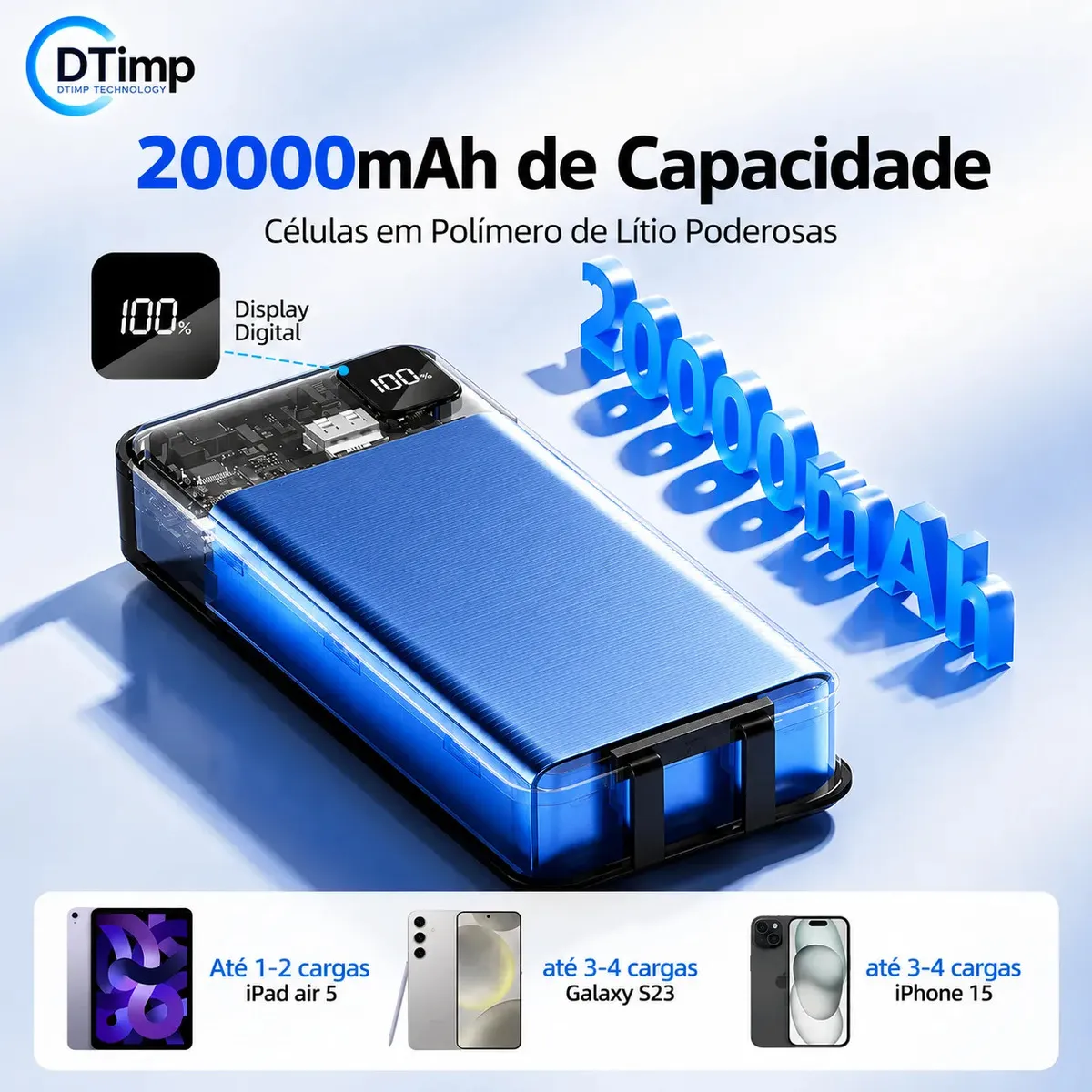 Carregador Portátil Power Bank Turbo 20000mah 22.5w universal para iphone samsung motorola xiaomi Com Display Digital DTimp - imagem 5