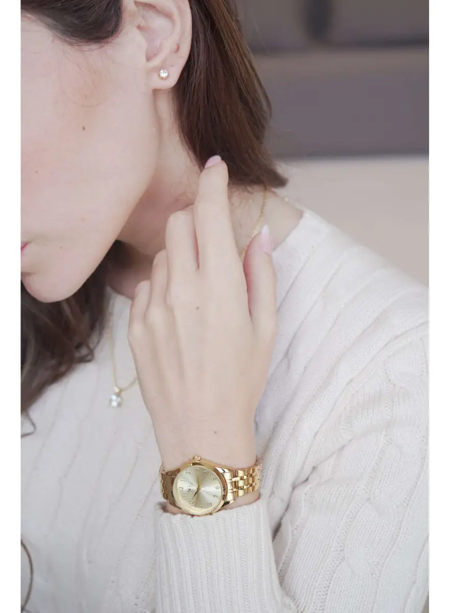 Kit Relógio Colar E Brincos Ponto De Luz Dourado Feminino Luxo Golden Saint Germain Presente Original Joias Elegante Clássico 28mm - imagem 2