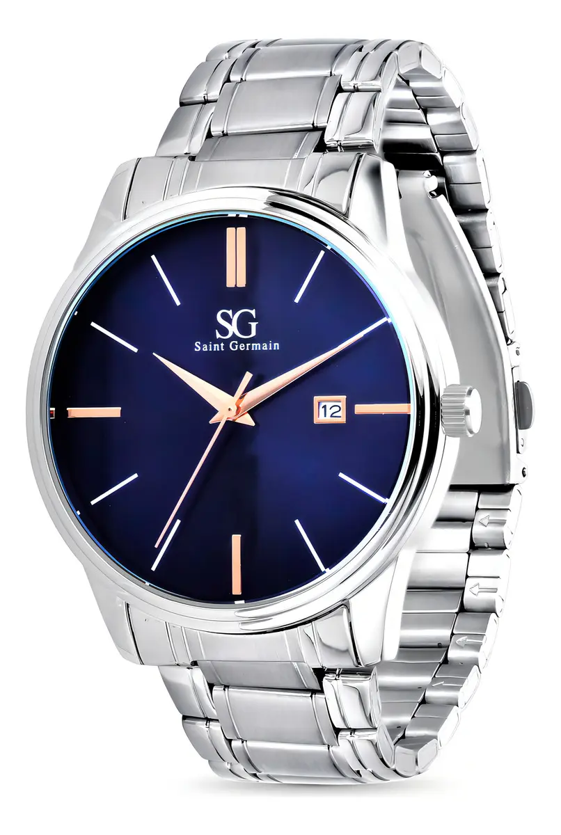Relógio Masculino Clássico Pulseira Prata Correia Prateada Bisel Prateado Fundo Azul Marinho Saint Germain 42mm Elegante Detalhes Bronze - imagem 3