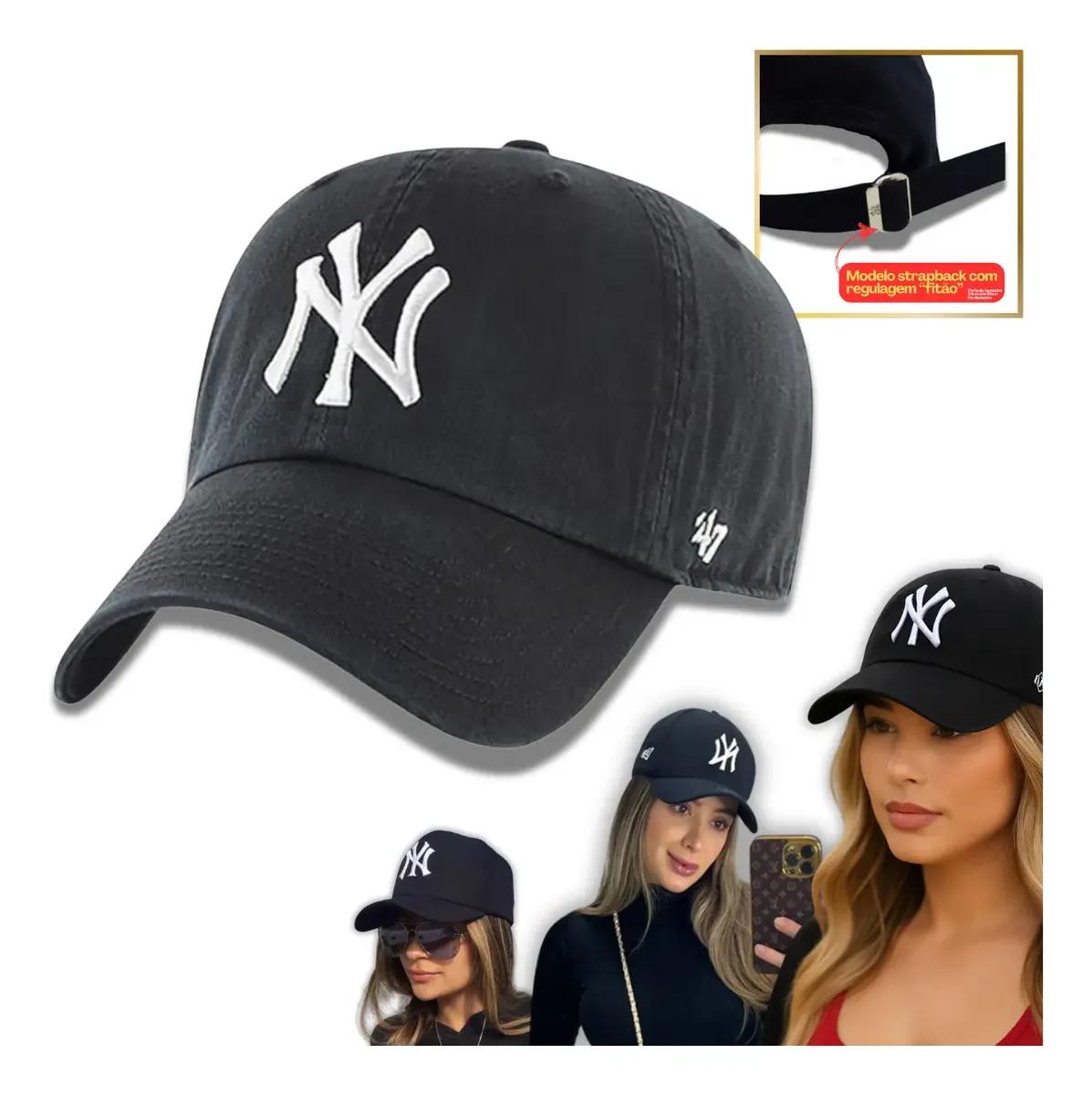 Boné Ny New York Yankees Unissex Blogueira Fitão Regulável - imagem 3