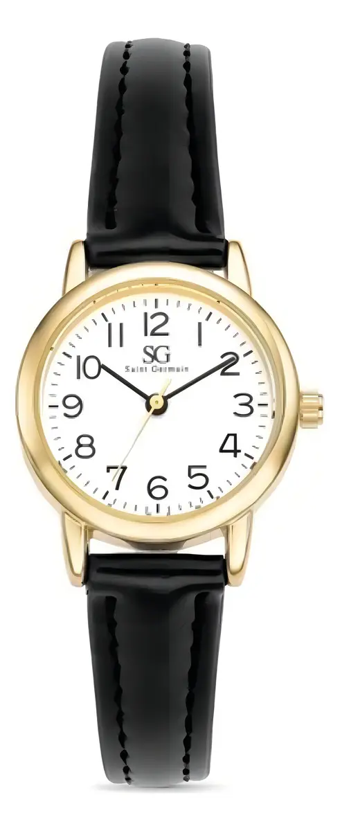 Relógio Feminino Dourado Saint Germain 24mm Correia Preta Caixa Dourada Fundo Branco Elegante Clássico Delicado - imagem 3
