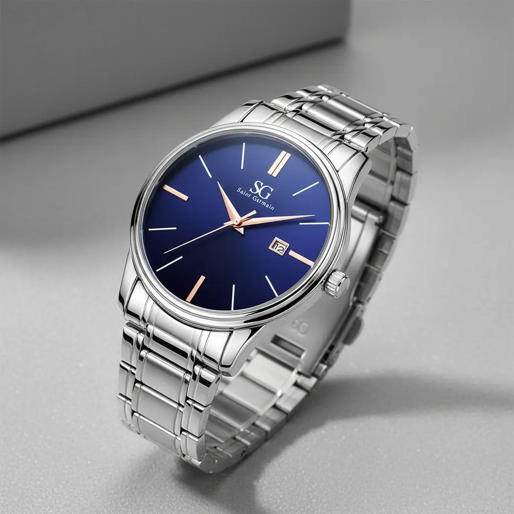 Relógio Masculino Clássico Pulseira Prata Correia Prateada Bisel Prateado Fundo Azul Marinho Saint Germain 42mm Elegante Detalhes Bronze - imagem 4