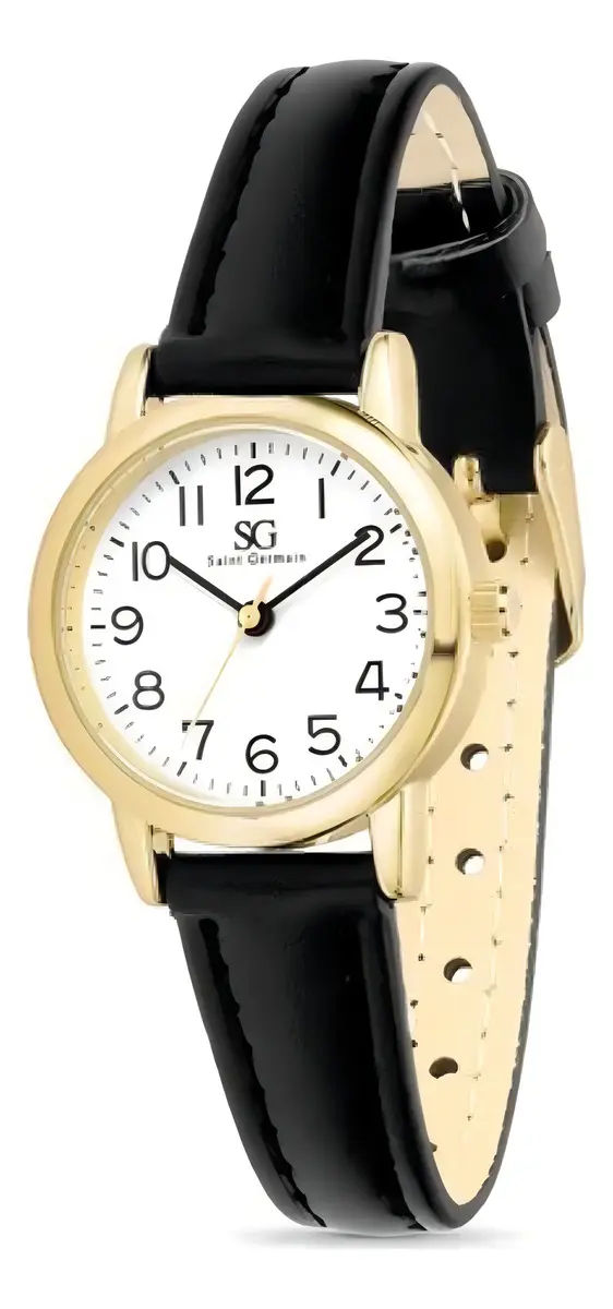 Relógio Feminino Dourado Saint Germain 24mm Correia Preta Caixa Dourada Fundo Branco Elegante Clássico Delicado - imagem 4