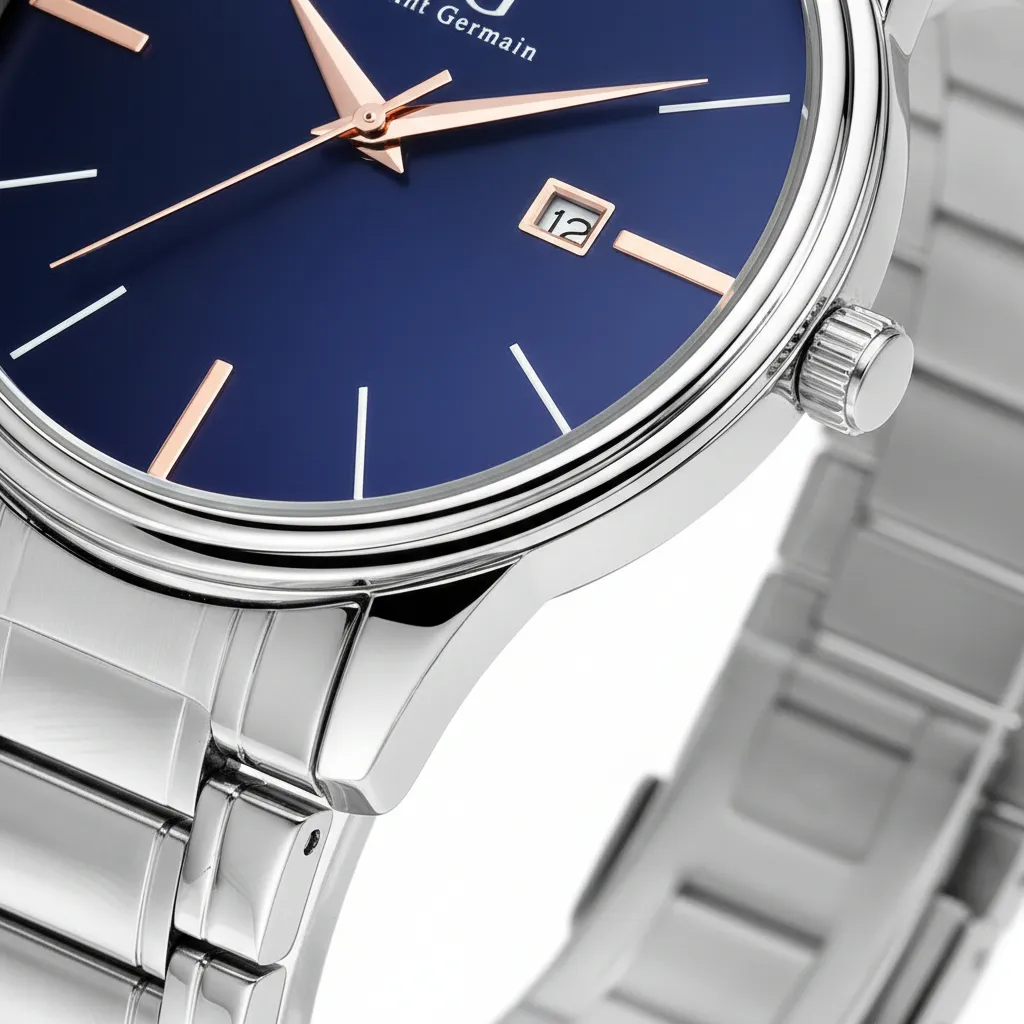 Relógio Masculino Clássico Pulseira Prata Correia Prateada Bisel Prateado Fundo Azul Marinho Saint Germain 42mm Elegante Detalhes Bronze - imagem 5