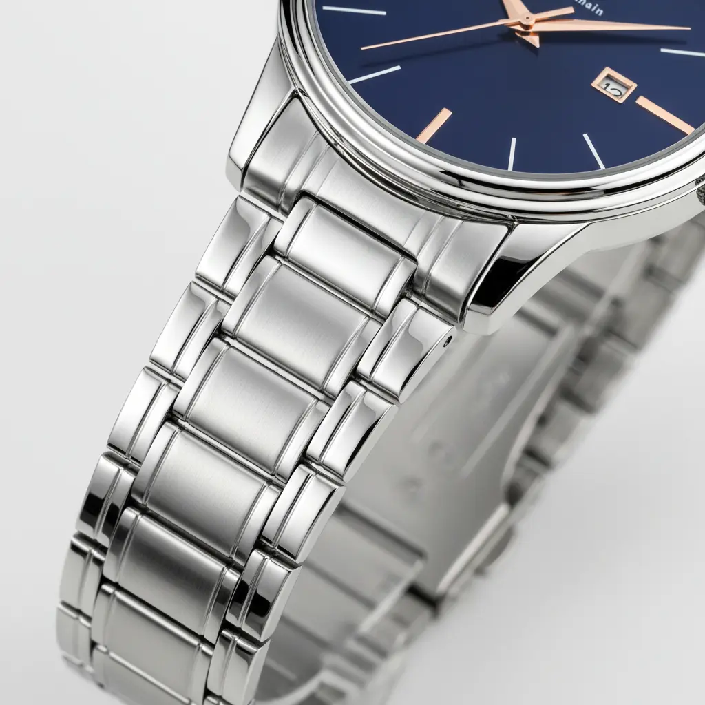 Relógio Masculino Clássico Pulseira Prata Correia Prateada Bisel Prateado Fundo Azul Marinho Saint Germain 42mm Elegante Detalhes Bronze - imagem 6