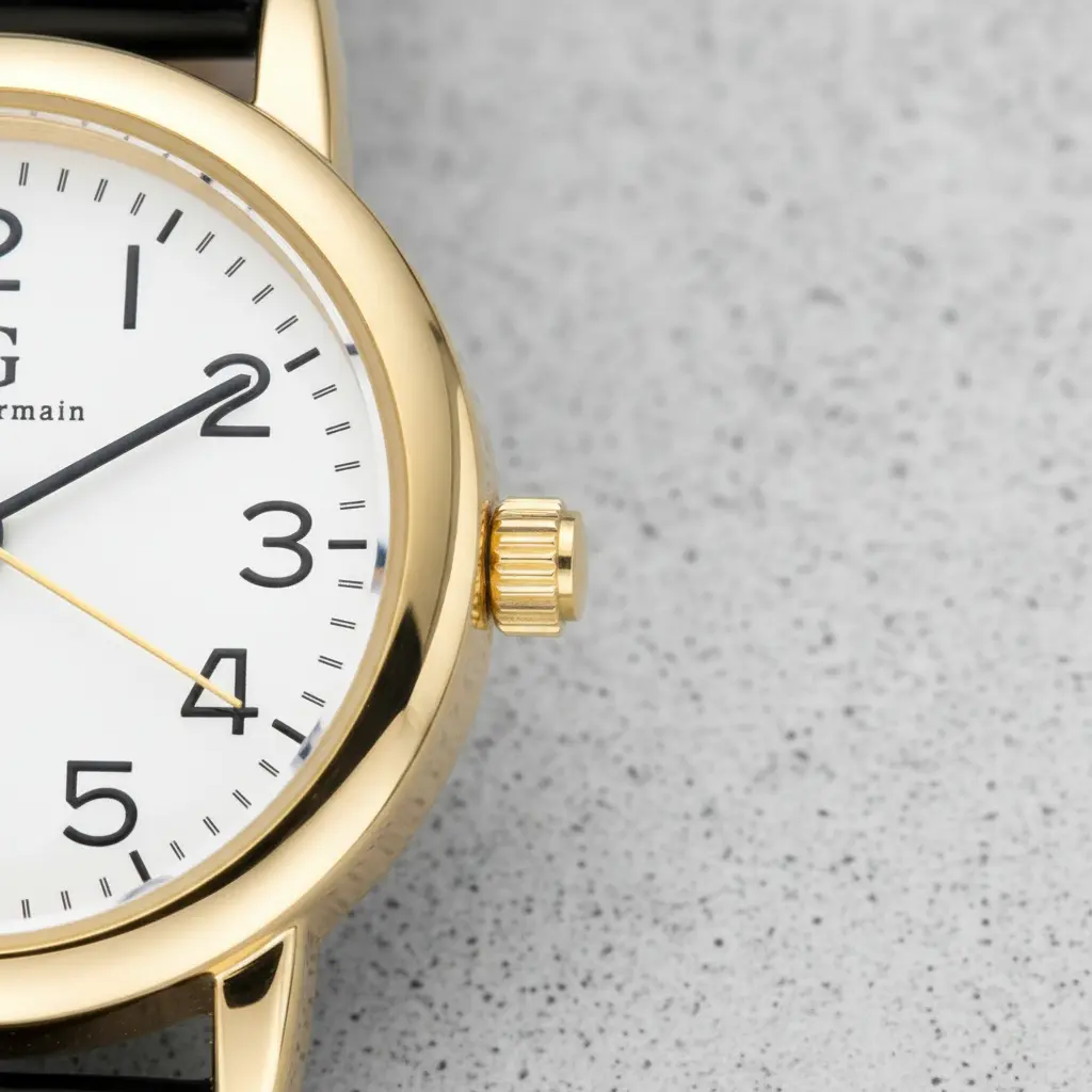 Relógio Feminino Dourado Saint Germain 24mm Correia Preta Caixa Dourada Fundo Branco Elegante Clássico Delicado - imagem 6