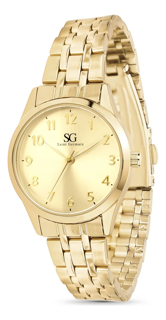 Kit Relógio Colar E Brincos Ponto De Luz Dourado Feminino Luxo Golden Saint Germain Presente Original Joias Elegante Clássico 28mm - imagem 7