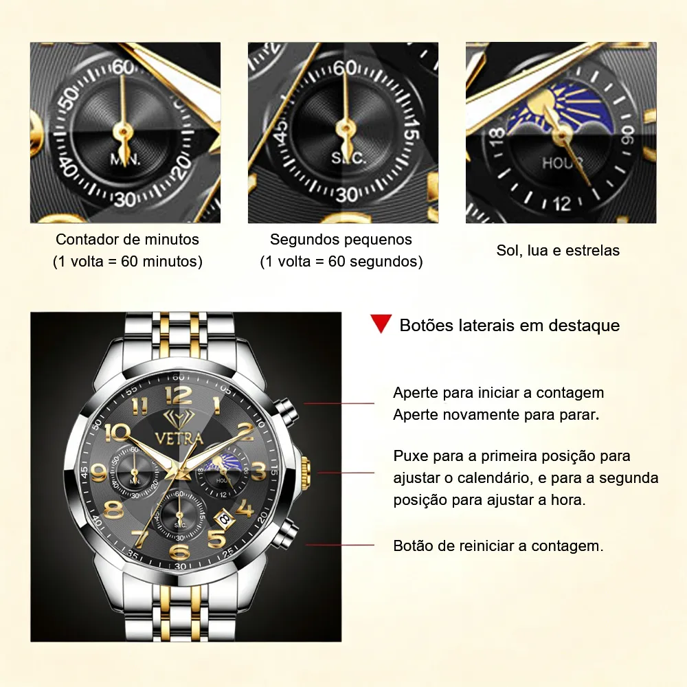 Vetra Relógio Masculino Relogio De Pulso Aço Luminoso 3676 - imagem 6