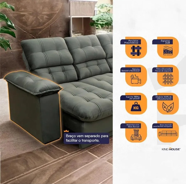 Sofá Retrátil Reclinável Atenas 2,30m Suede Velut Cinza - imagem 5