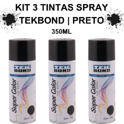 Kit 3 Tinta Spray Preto Fosco 350ml Tekbond Alta Cobertura Secagem Rapida Uso Interno E Externo