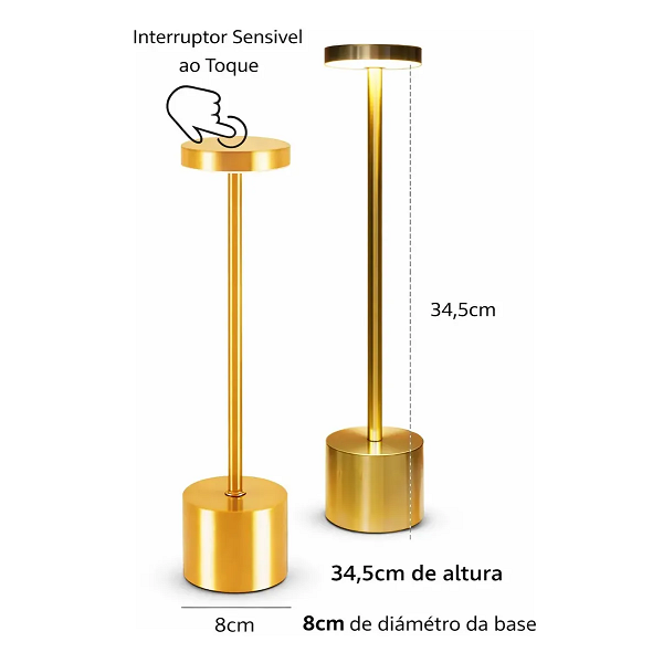 Kit 2 Luminária Mesa Abajur Led Sem Fio 3 Modos De Luz Dourado-escuro - imagem 3