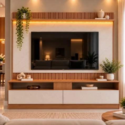 Rack com Painel para TV até 70 Polegadas Ripado Impresso LED 172x182cm Rio Marrom Manchester Mármore