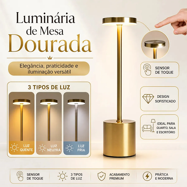 Kit 2 Luminária Mesa Abajur Led Sem Fio 3 Modos De Luz Dourado-escuro - imagem 5