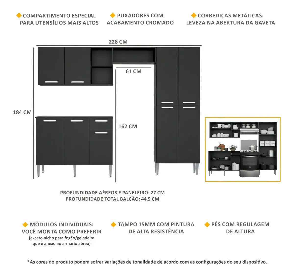 Armário de Cozinha Compacta Pequim UP Multimóveis com Balcão - Preto - imagem 4